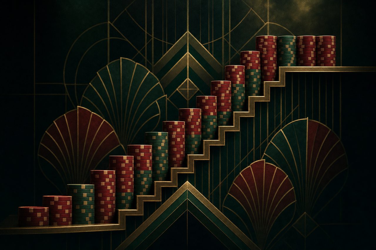 A rising and falling betting-progression chart over emerald felt with gold Art-Deco chips