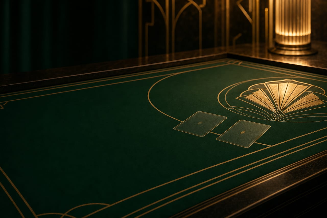 A deep emerald baccarat felt table with Art-Deco gold detailing and two cards dealt