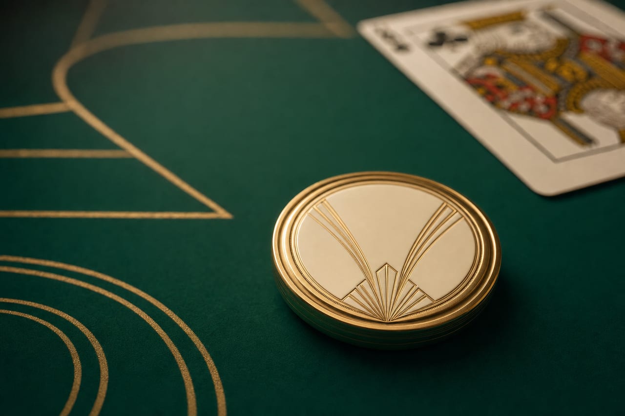 A gold-rimmed ivory casino plaque on emerald felt with gold Art-Deco markings