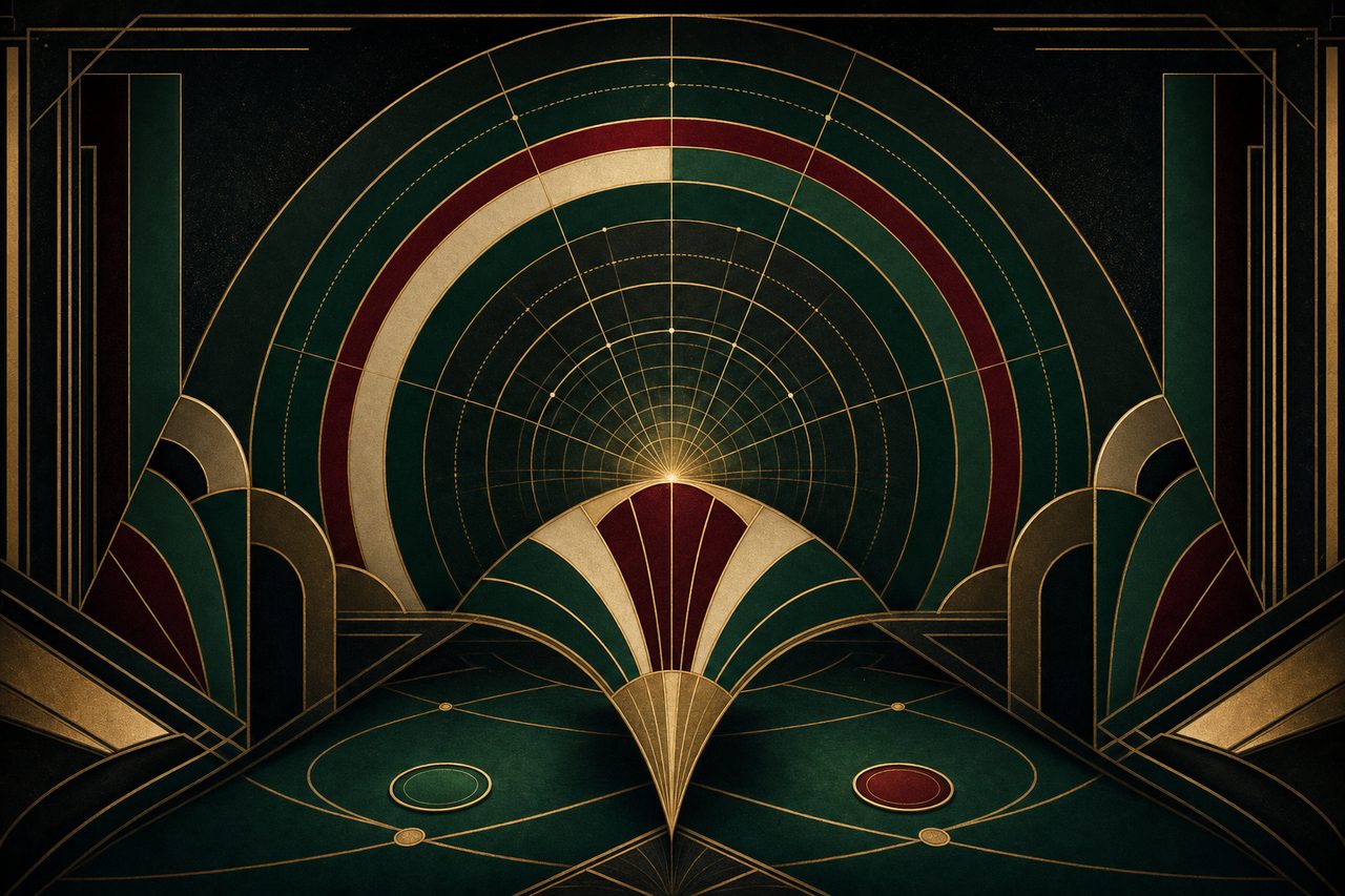 Baccarat odds laid out as gold percentages on emerald felt with Art-Deco card motifs