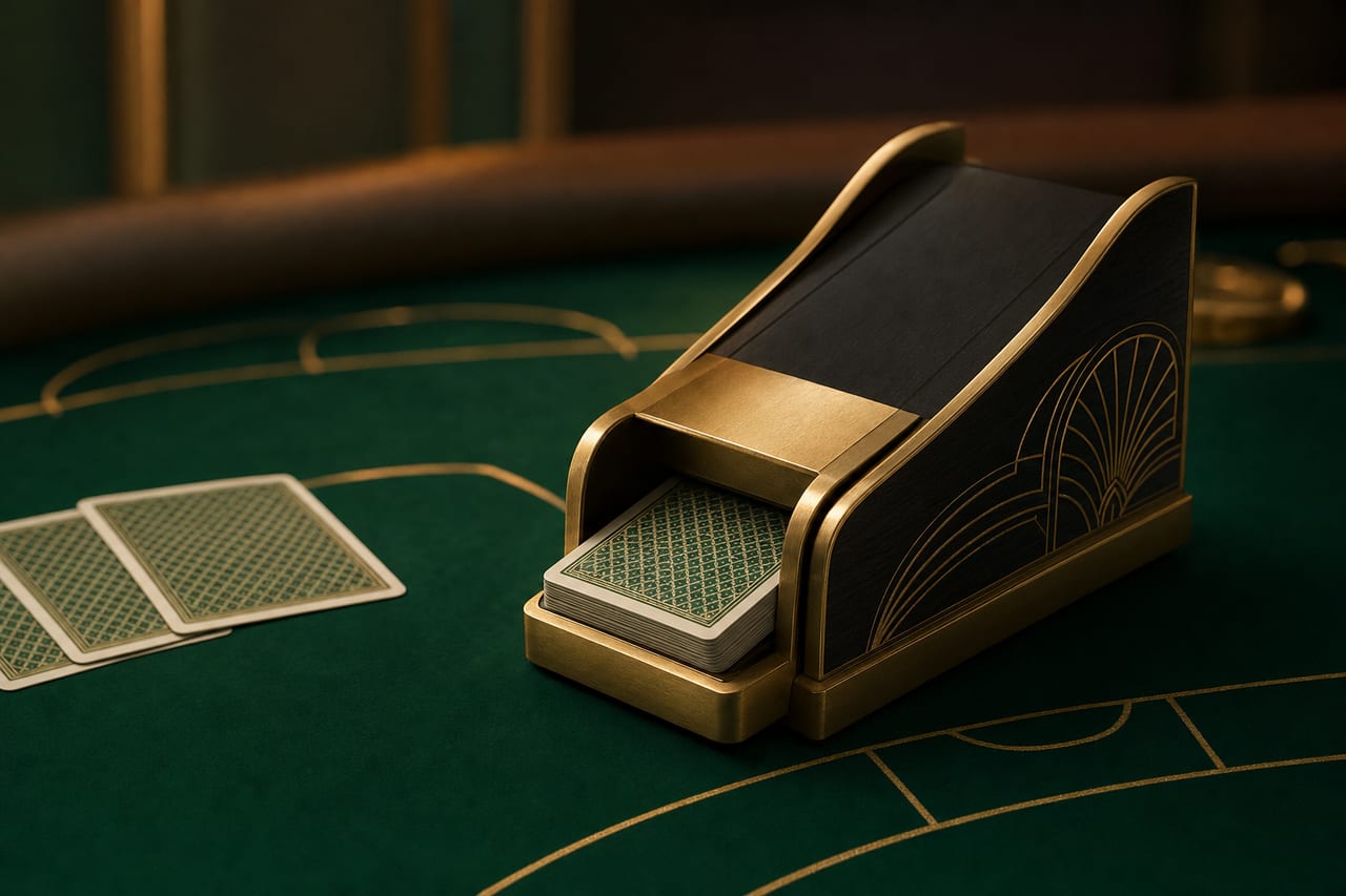 An Art-Deco baccarat dealing shoe on emerald felt with gold table markings