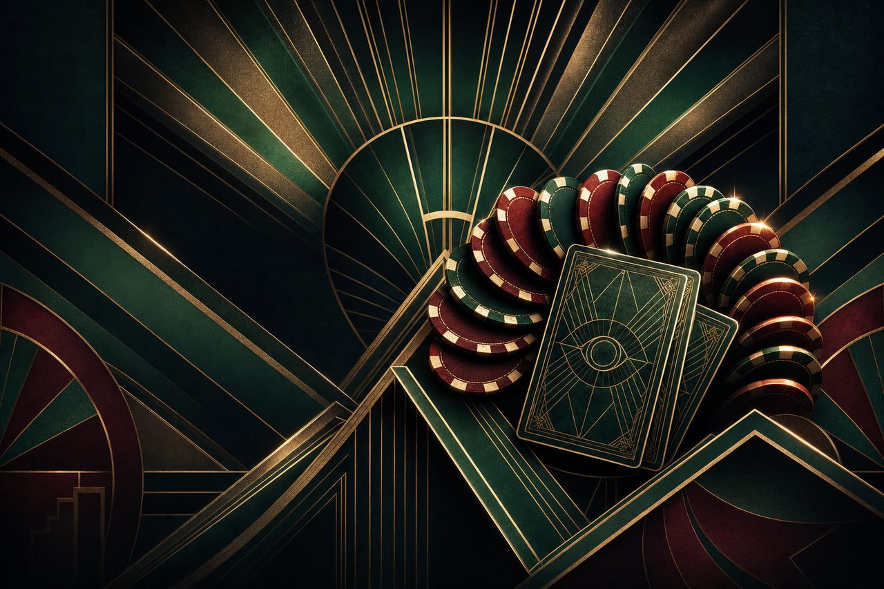 Baccarat side-bet circles on emerald felt showing Player Pair and Banker Pair markings in gold Art-Deco style