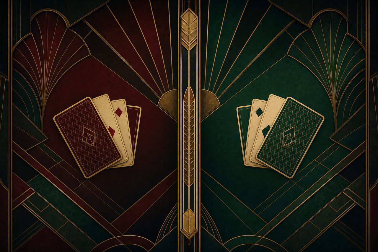 Two baccarat betting circles on emerald felt, one marked Banker in jade and one Player in oxblood, with gold Art-Deco trim