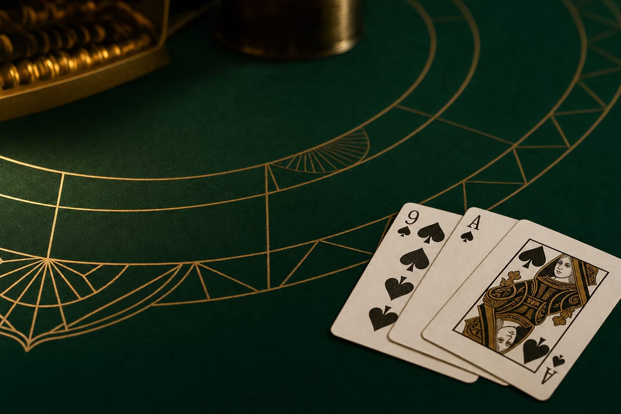 Face-up playing cards on deep emerald baccarat felt with gold Art-Deco table markings