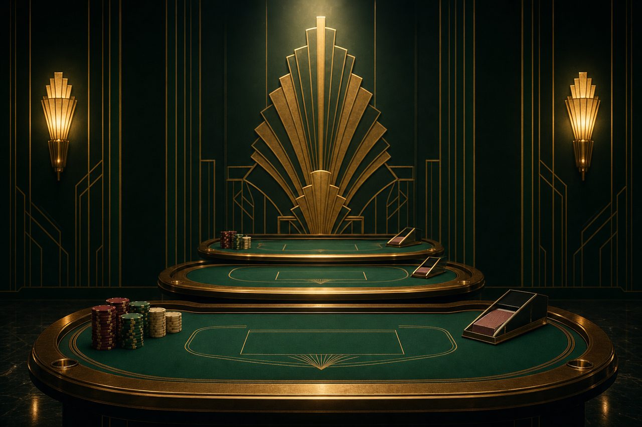 Three Art-Deco baccarat tables in emerald and gold receding into a dark live-dealer studio, with chips and card shoes resting on the felt