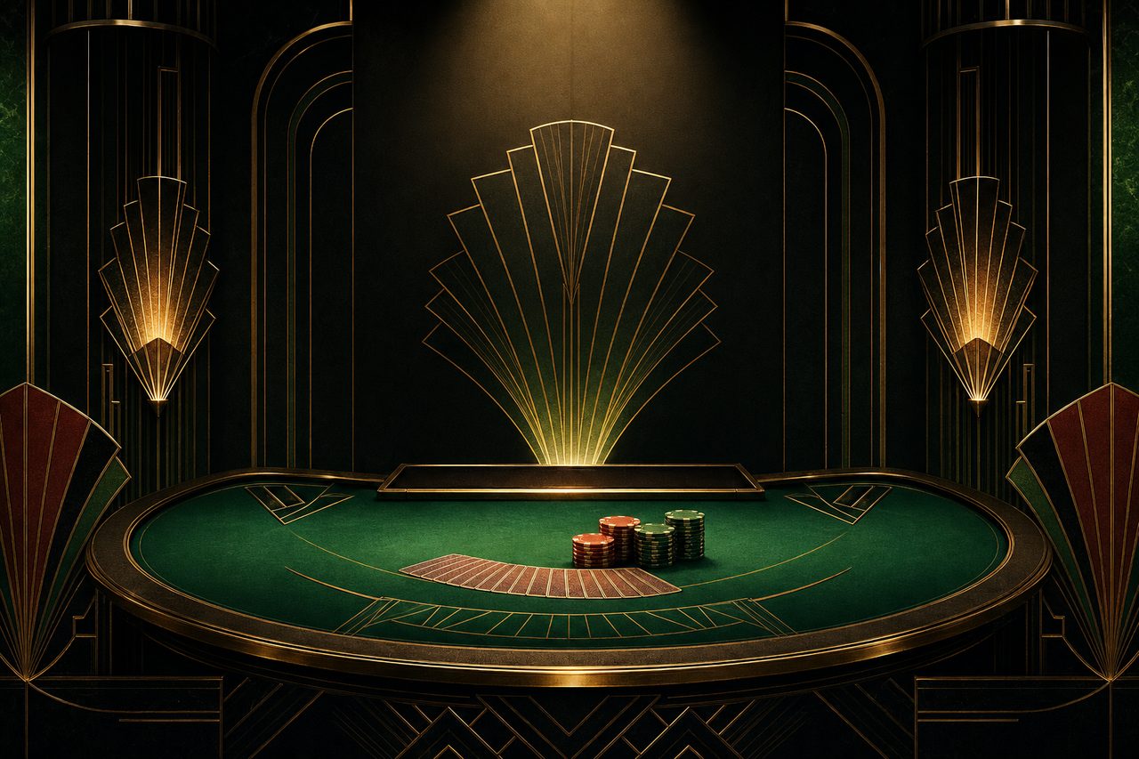 A live-dealer baccarat table in a studio, emerald felt under a warm spotlight